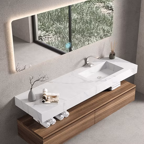 Modern Solid Wood Wooden Plywood Wall Hotel Toilet Bathroom Cabinet with Marble Countertop